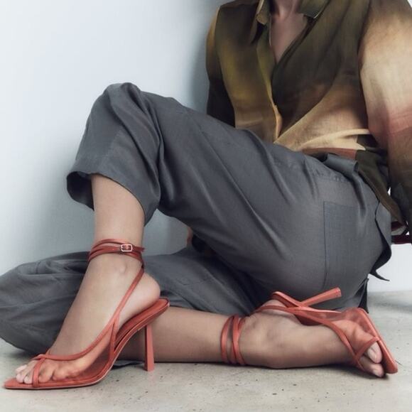 Zara coral red mesh strappy pointed heels NEW 41/10 - Picture 1 of 12